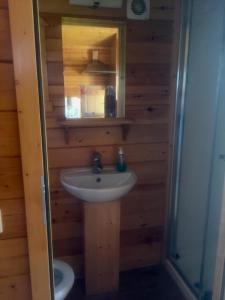 La salle de bains est pourvue d'un lavabo et de toilettes. dans l'établissement La Roulotte au Paradis, à Arc-et-Senans