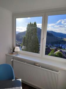 una ventana con vistas a un árbol en Gemütliches Studio mit Ausblick, Pool und WiFi, en Baiersbronn