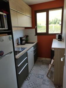 Una pequeña cocina con un refrigerador blanco y una ventana. en Appartement La Toussuire avec vue exceptionnelle, en La Toussuire