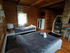 a log cabin with two beds and a fireplace at Sodyba "Vytauto kaimas" Aukštadvaris in Aukštadvaris