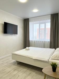 a bedroom with a large bed and a flat screen tv at Апартаменты LUX в доме 2021г. in Pavlodar