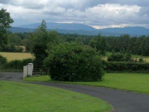 a winding road with a field and mountains in the distance at Justosleep in Kilkenny