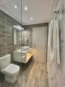 e bagno con servizi igienici, lavandino e doccia. di Elia Room & Garden II (new entry) a Kontokali