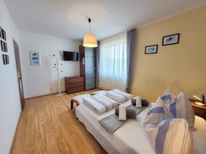 a bedroom with two beds and a television at IWONA Pokoje Apartamenty in Karwia
