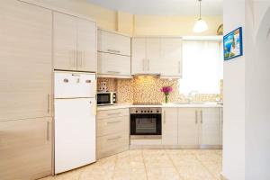 een keuken met witte kasten en een witte koelkast bij Rosa 's house in Palekastron