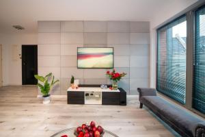 a living room with a couch and a tv at Maya's Flats & Resorts 55 - Pszenna 5 in Gdańsk