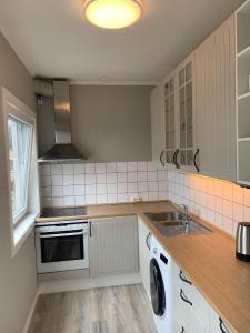 a kitchen with a sink and a stove at Notodden Sentrum Apartment NO 7 in Notodden