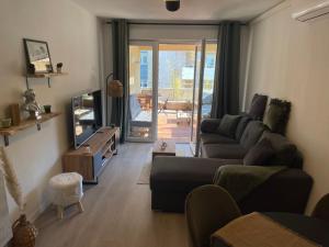 een woonkamer met een bank en een televisie bij Charmant T2 proche de la plage et au calme in Ajaccio