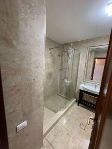 a bathroom with a glass shower with a sink at VILA REGAL Mamaia in Mamaia