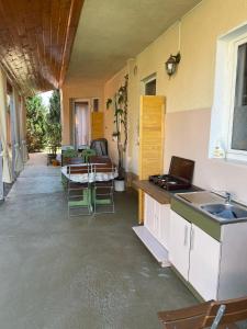 a kitchen with a sink and a table in a room at Vila David in Baile Unu Mai