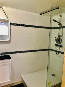 W łazience znajduje się prysznic ze szklanymi drzwiami. w obiekcie Appartement 120m2 dans maison avec piscine w mieście Boissy-lʼAillerie
