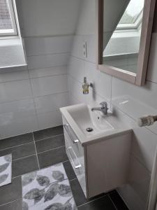 uma casa de banho com um lavatório e um espelho em Unterkunft in Erholungsort Sterup Nähe von Ostsee em Sterup