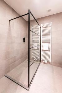 a shower with a glass door in a bathroom at Belcasa Beach Suites & Lofts Aparthotel in Middelkerke
