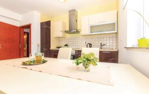 una cucina con armadi bianchi e piano di lavoro bianco di Apartment Sofia a Crikvenica