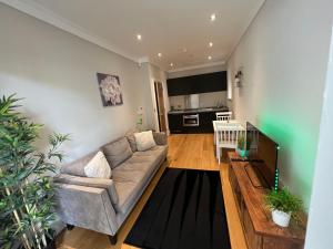 a living room with a couch and a kitchen at Lovely modern 1 bedroom apartment in Hendon