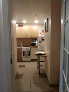 Red Nose roof-top apartment في ريغا: مطبخ صغير مع أجهزة بيضاء وطاولة