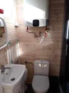 y baño con aseo blanco y lavamanos. en Domek DaNutka w Sarbinowie, en Sarbinowo