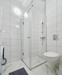 a bathroom with a glass shower with a toilet at New apartment next to Cathedral Square in Vilnius