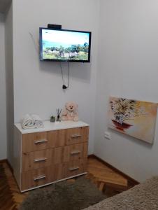 uma televisão numa parede por cima de uma cómoda num quarto em Comfortable modern apartment em Lviv