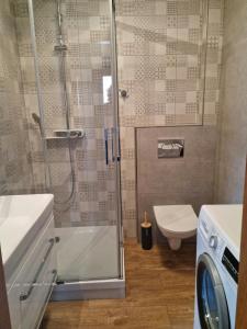 a bathroom with a shower and a toilet and a washing machine at TU i TERAZ apartament in Ustka