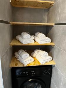 a bunch of towels on a shelf next to a washing machine at Casa Petra SALGA in Corte