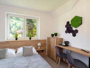 a bedroom with a bed and a desk and a window at Osada turystyczna Malinów in Szczawnica