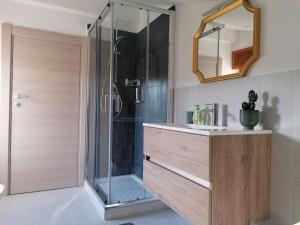 a bathroom with a shower with a sink and a mirror at La soffitta di Anita in Bedonia