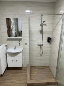a bathroom with a shower and a sink at Patrik Deluxe in Gyula