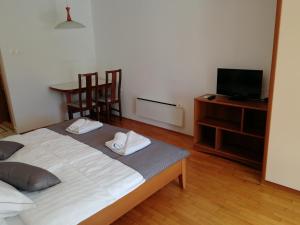 a bedroom with a bed and a tv and a table at Apartmaji Z Fizine in Portorož