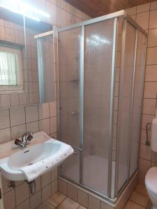 ein Bad mit einer Dusche und einem Waschbecken in der Unterkunft Schlaferhof - Urlaub am Bauernhof in Fresach