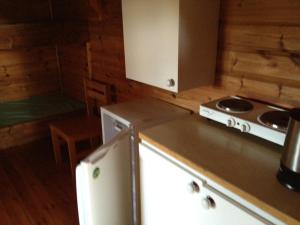 een keuken met een fornuis en een koelkast bij Backgårdens Stugby in Axvall