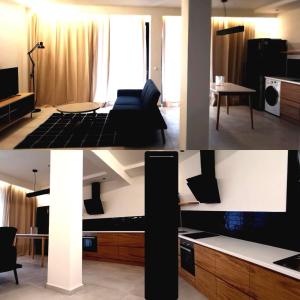 due immagini di un soggiorno e di una cucina di Eirini's Apartment a Análipsis