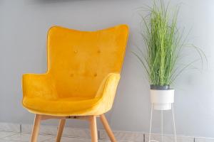 una sedia gialla seduta accanto a una pianta in vaso di La DNS Apartment a Kavala