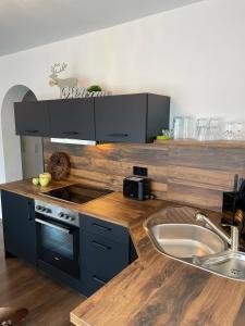 eine Küche mit einer Spüle und einer Arbeitsplatte in der Unterkunft Blackforest Apartment in Freudenstadt