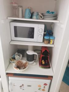 a white microwave sitting on top of a shelf at Chambre Indépendante "Terre Rouge" in Martignas-sur-Jalle