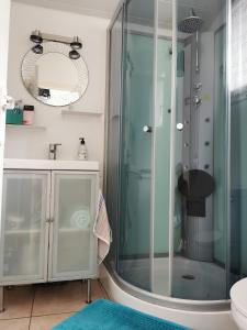 ein Bad mit einer Glasdusche und einem Waschbecken in der Unterkunft Chambre Indépendante "Terre Rouge" in Martignas-sur-Jalle