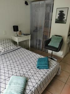 ein Schlafzimmer mit einem Bett, einem Stuhl und einem Schreibtisch in der Unterkunft Chambre Indépendante "Terre Rouge" in Martignas-sur-Jalle