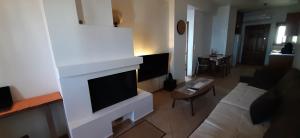 a living room with a couch and a fireplace at Nature Whispers in Agios Dimitrios