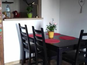 mesa de comedor y sillas con flores y platos rojos en Gîte Le Chatelet, 2 pièces, 2 personnes - FR-1-586-9, en Le Châtelet