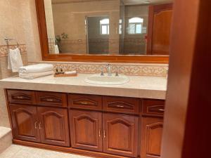 uma casa de banho com um lavatório e um espelho grande em Hotel la finca em Ezequiel Montes