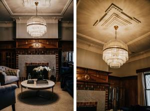 a living room with two chandeliers and a fireplace at Gilbert by Whiskey June in Maryborough