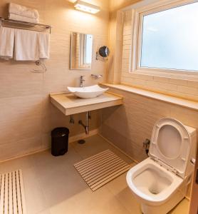 a bathroom with a sink and a toilet and a window at Sakley's Cottages in Nainital