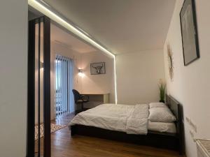 ein Schlafzimmer mit einem Bett und einem Schreibtisch in der Unterkunft Savoya5 Old CityCenter Selfcheckin WorkspaceStudio in Timişoara + 10 Fotos