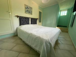 1 dormitorio con 1 cama con colcha blanca en Villa la Saia en Targia