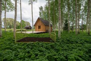 a small wooden cabin in a forest with trees at Pruuli Vahtra puhkemaja in Kraavi