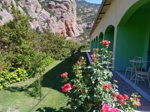 einen Garten mit Blumen und ein Gebäude mit einem Berg in der Unterkunft Guesthouse Eleftherios in Kalavryta