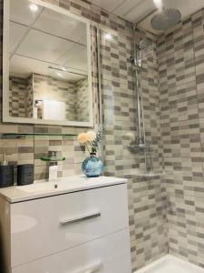 La salle de bains est pourvue d'un lavabo et d'une douche avec un miroir. dans l'établissement Estudio Los Cristianos, à Los Cristianos