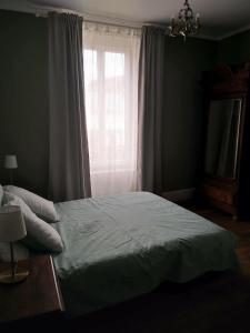 a bedroom with a large bed and a window at La tanière in Champs Sur Tarentaine