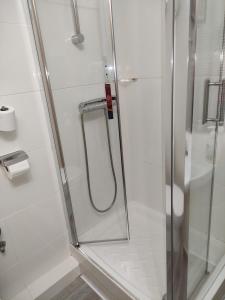 baño con ducha y puerta de cristal en AlojaDonosti City Center, en San Sebastián