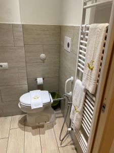 Baño pequeño con aseo y toallas en Hotel San Biagio, en Milán